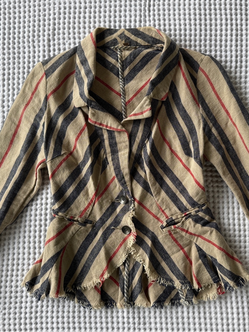 Free People Striped Frayed Hem Women's Jacket - Beige, Navy & Red